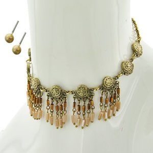 ANTIQUE GOLD TONE TASSEL CHARM CHOKER SET